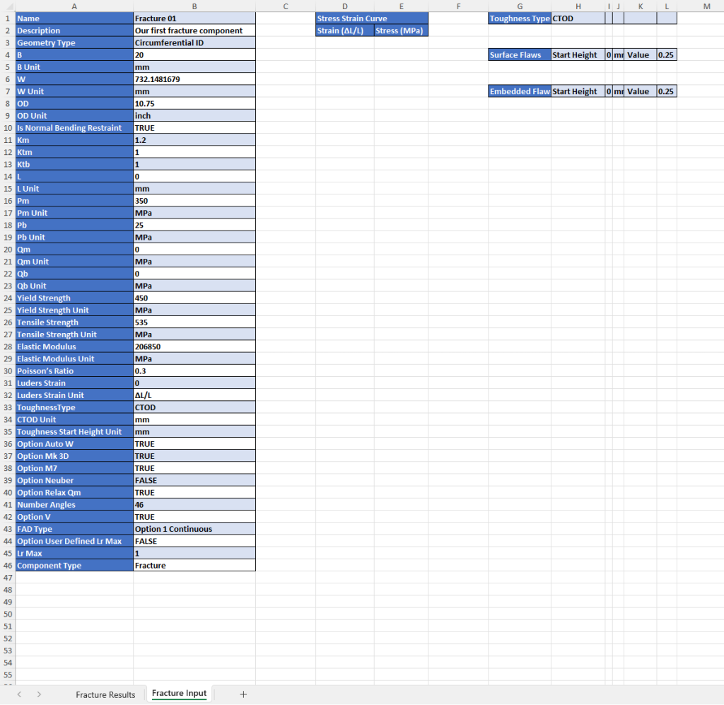 Fracture Results MS Excel Input Worksheet